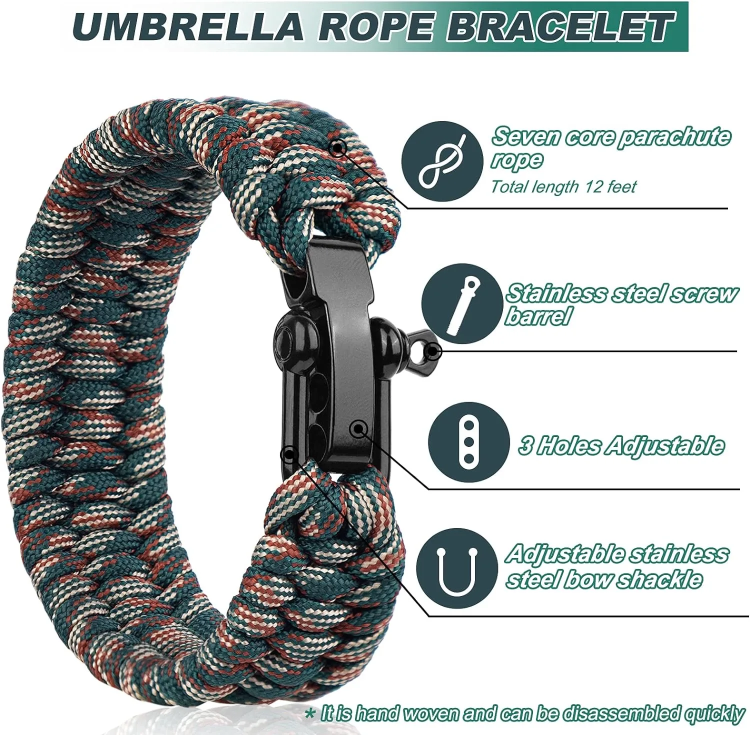 Paracord Bracciale di Sopravvivenza Regolabile 3 Fori Lega U Fibbia Camo Intrecciato 7 Core Corda di Campeggio Esterna Escursionismo Strumenti Per