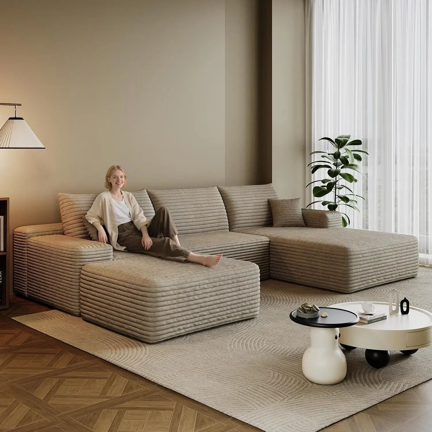 CORDS MODULAR U SHAPE SOFA CAMEL DEEP SEAT 2 SEATER RIGHT FACING CHAISE OTTOMAN
