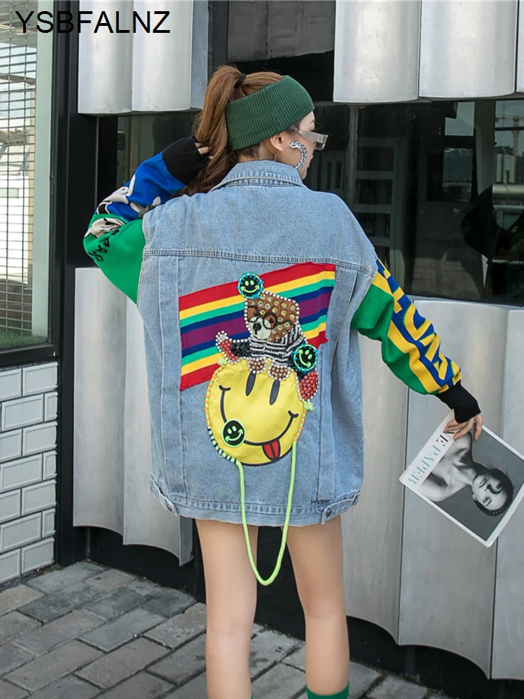 Fashion Brand Cartoon Floral-Print Beaded Rhinestone Denim Jacket Women\'s Loose Lapel Knitted Stitching Long Sleeve Jeans Coat