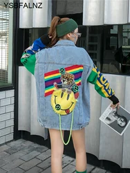 Fashion Brand Cartoon Floral-Print Beaded Rhinestone Denim Jacket Women's Loose Lapel Knitted Stitching Long Sleeve Jeans Coat