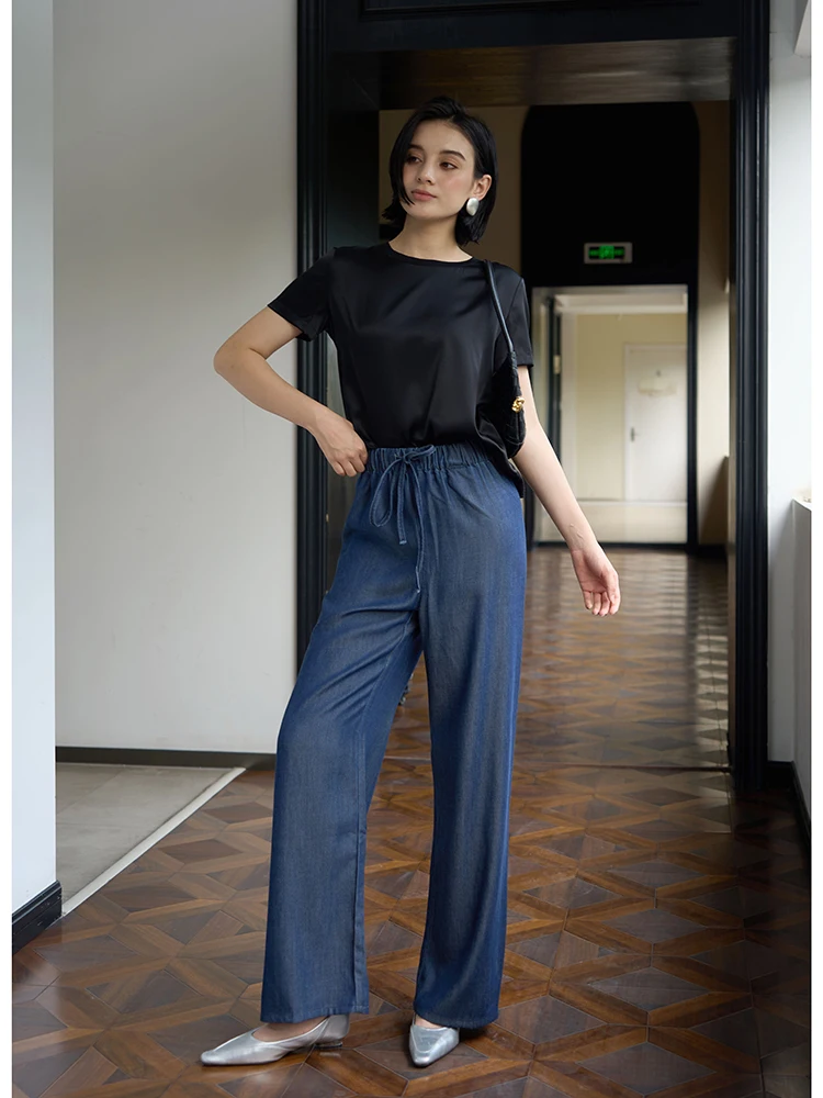 

Джинсы с высокой талией и прямыми штанинами, женские, летние, новые, свободные, стройнящие, тонкие, широкие, длинные брюки, удобные, дышащие, повседневные.