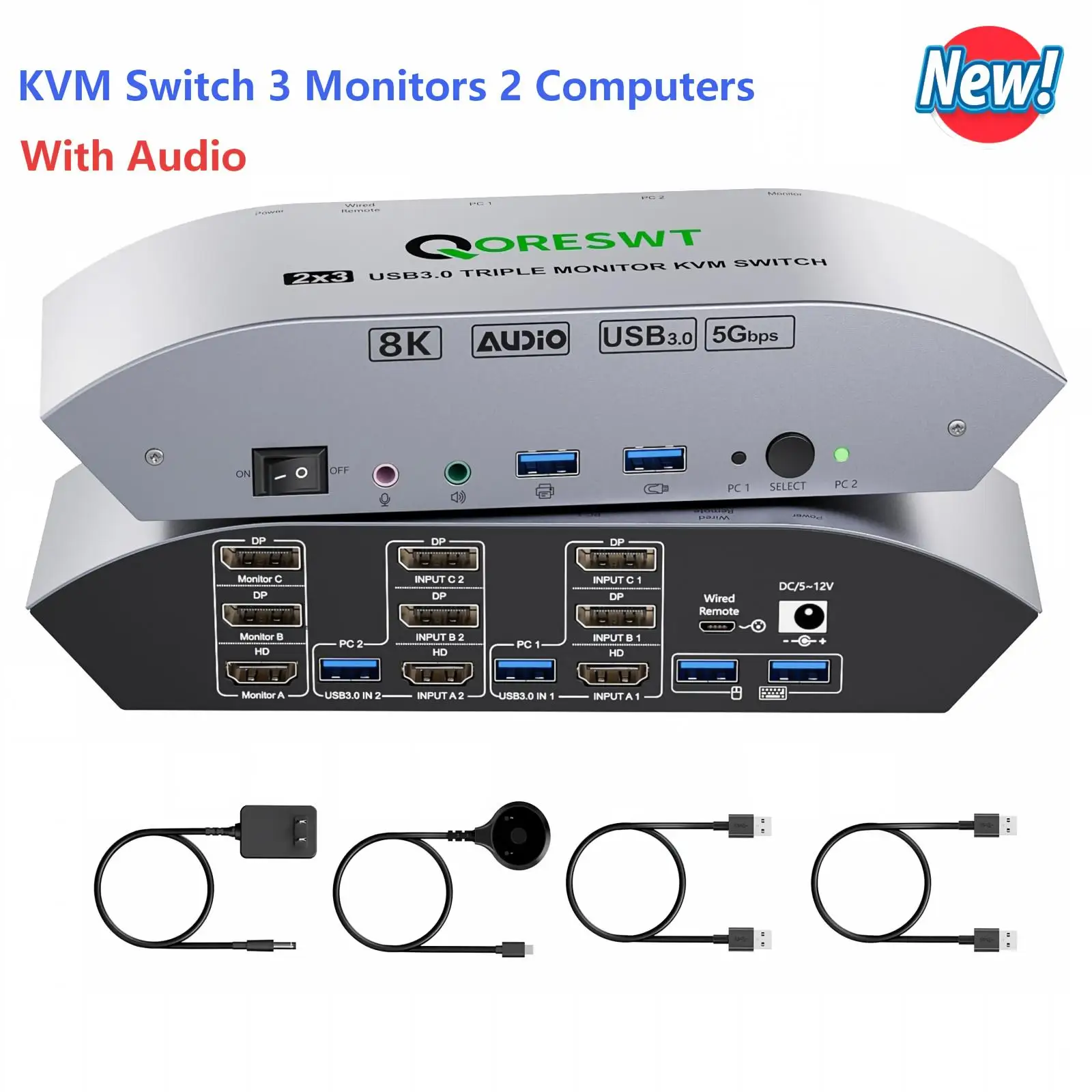 USB 3.0 KVM Switch 3 Monitors 2 Computers with Audio, HDMI DisplayPort Triple Monitors KVM Switch for 2PC,8K@30Hz/4K@60/4K@144Hz