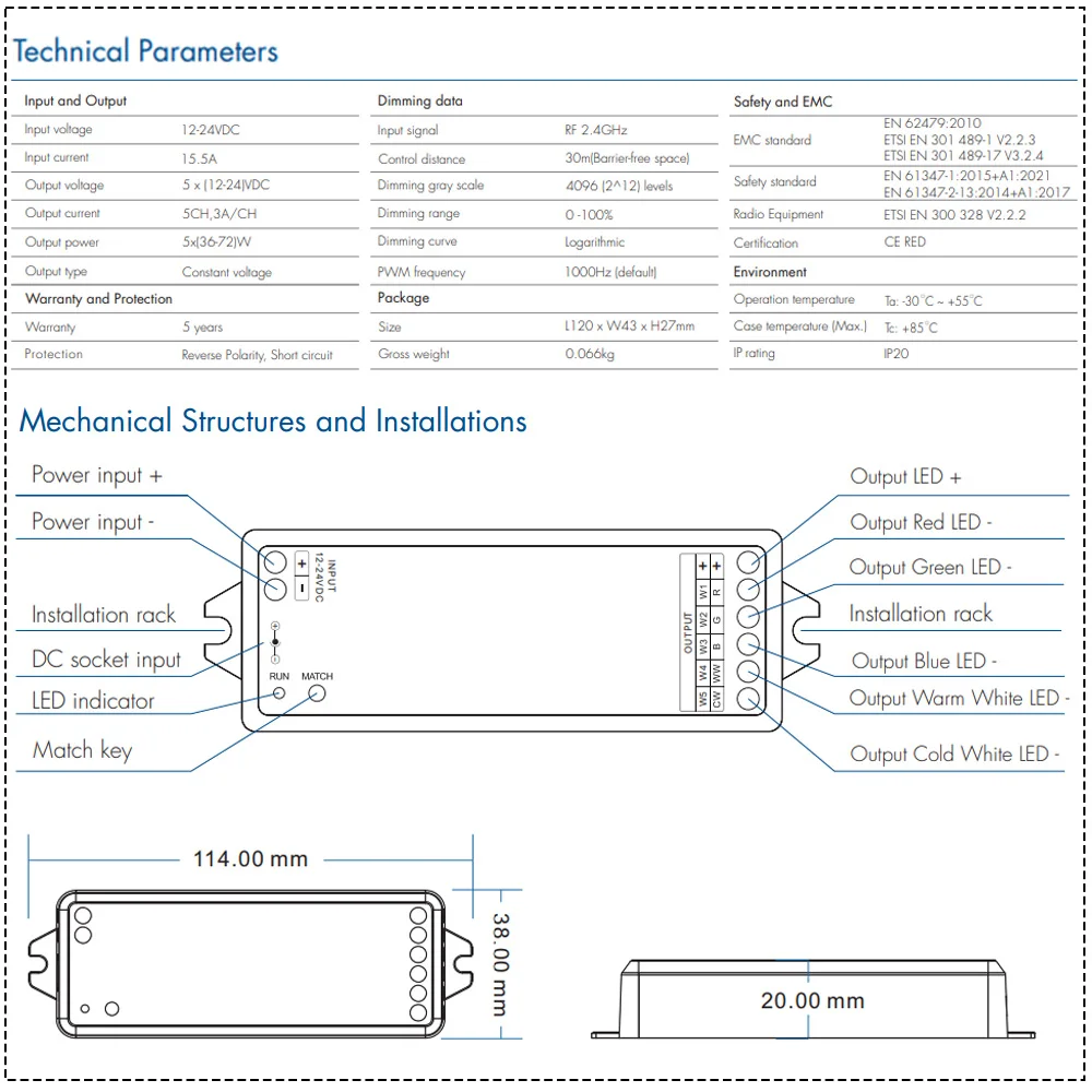 2.4G Wireless 5 Channel RGBCCT LED Controller with RF Remote Control For RGBW RGBWW RGB CCT Light Strips Color Chaning DC12V 24V