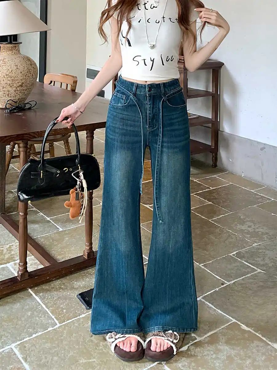 Retro Blue Stretch Lace-up Jeans Spring Autumn Women Versatile Micro Flared Pants Oversized Baggy Soft Denim Trousers