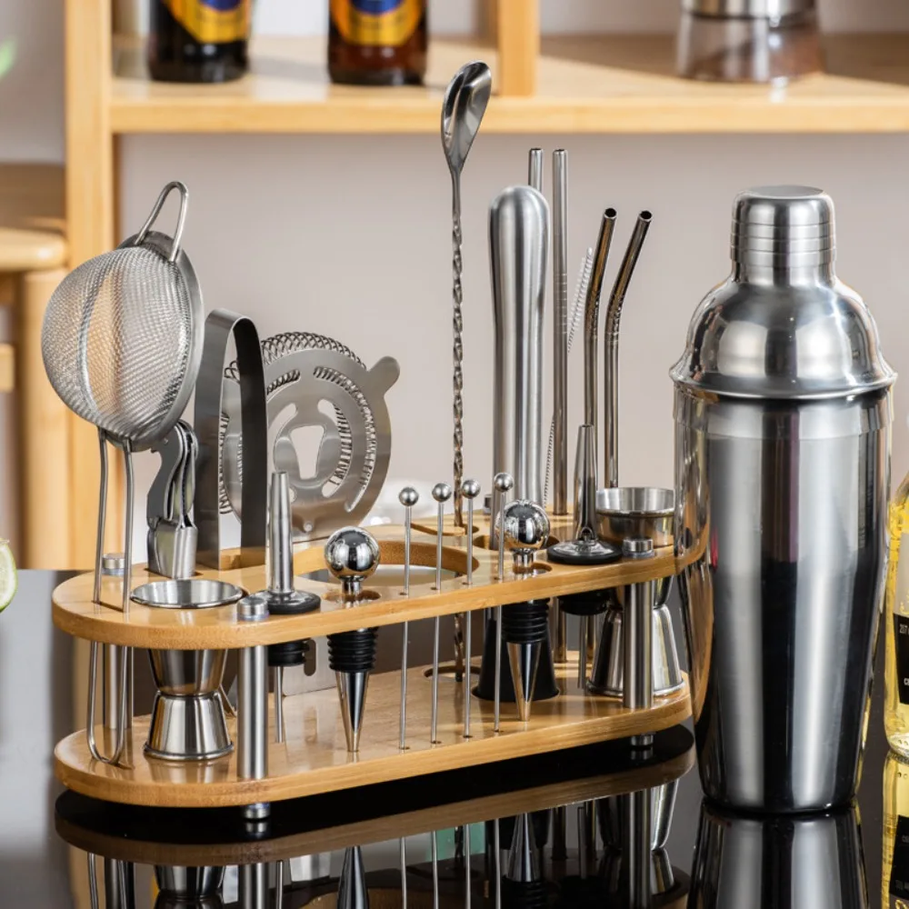 23pcs Stainless Steel Cocktail Shaker Bartending Tools Bartender Kit 750ml Boston Shakers with Bamboo Stand Bar Cocktail Set