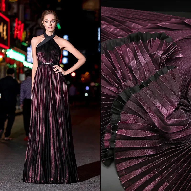 Laser Slide Mesh Silk Pleated Organ Fabric glittering Illusion Color Dress Stage Dress Pleated Fabric Fashion Designer Fabric