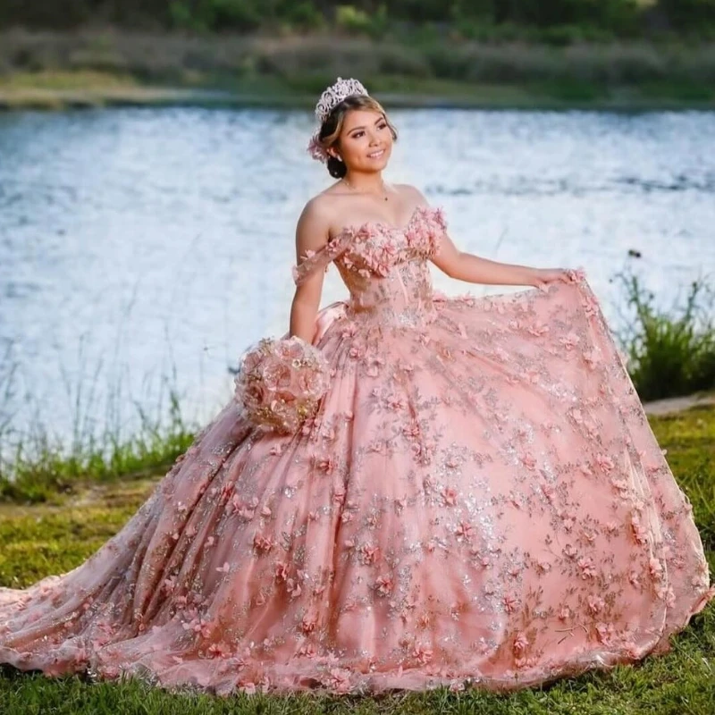 

Mexico Pink Off The Shoulder Ball Gown Quinceanera Dress For Girl Beaded 3D Flowers Birthday Party Gowns Prom Dresses Sweet 16