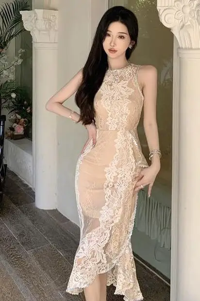 

Women's Elegant Lace Off-Shoulder Mermaid Party Dress Summer O-neck Sleeveless Sequin Trim High Slit Bodycon Dresses 2025 New