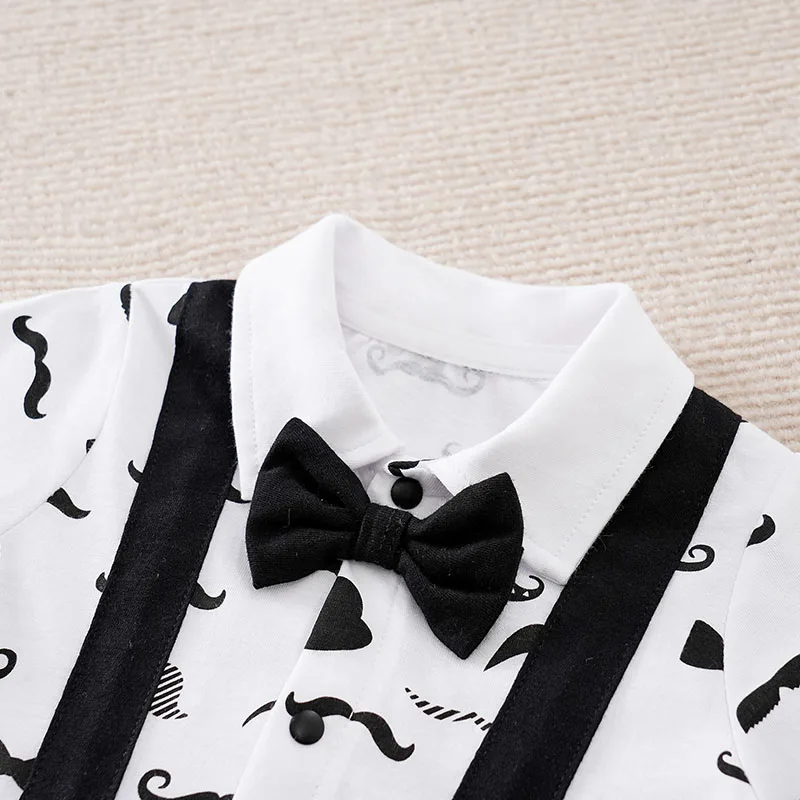 Boys Cartoon Printed Clothes Short Sleeve Bow Tie Romper  Moustache Cotton Baby Gentleman Newborn Toddler Baby Jumpsuit Print