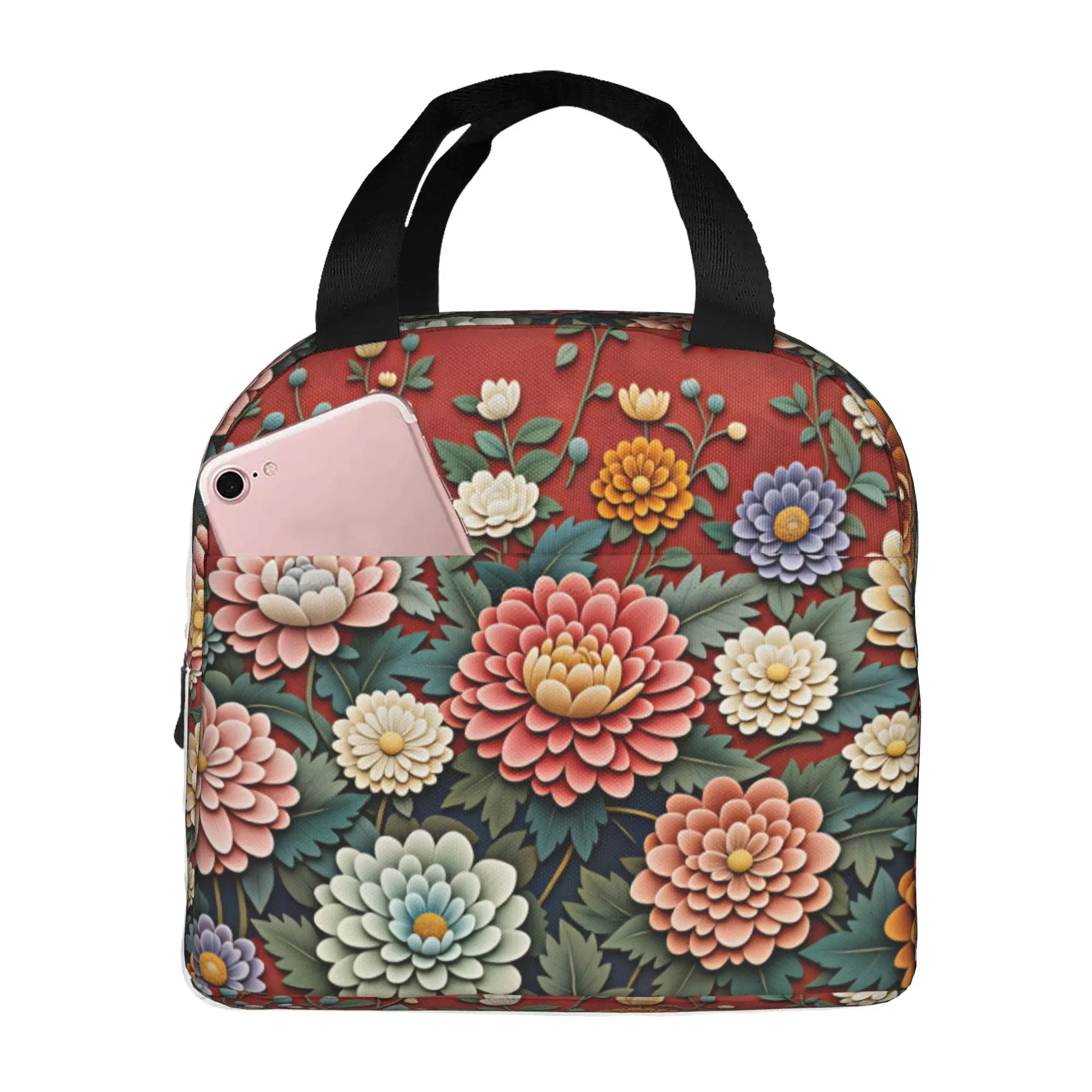 Luxury High Blooming Various 3D Peonies Floral Insulated Lunch Bag for Resuable Trend Floral Thermal Cooler Lunch Tote School