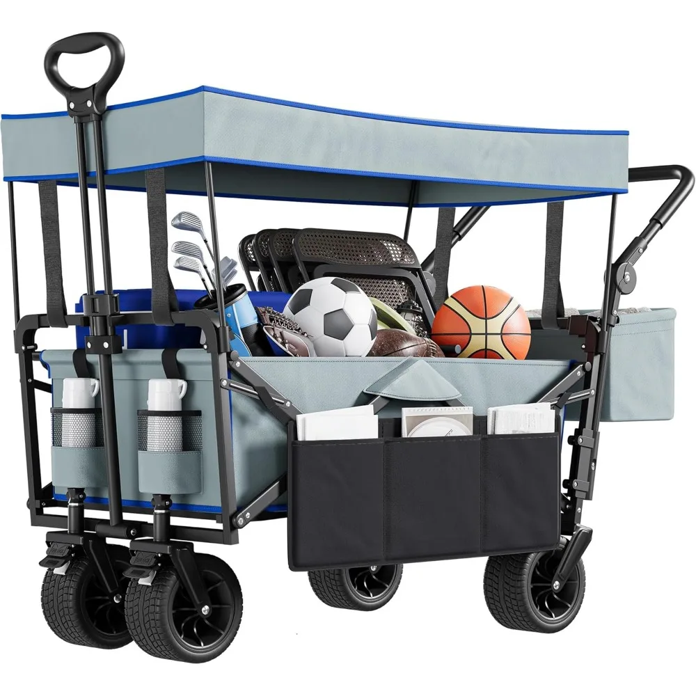 

Large Collapsible Garden Cart w/Removable Canopy, Heavy Duty Outdoor Foldable Garden Cart w/Rear Storage and Flexible S