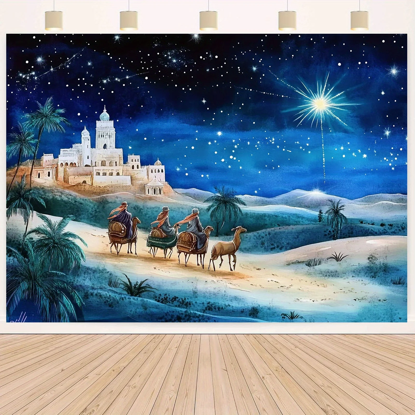 مسطح ثنائي الأبعاد، قطعة واحدة من لافتة مشهد المهد الكبيرة - منظر طبيعي صحراوي ليلي مرصع بالنجوم مع ثلاثة رجال حكماء، قافلة الجمل وكنيسة بيثليهيم