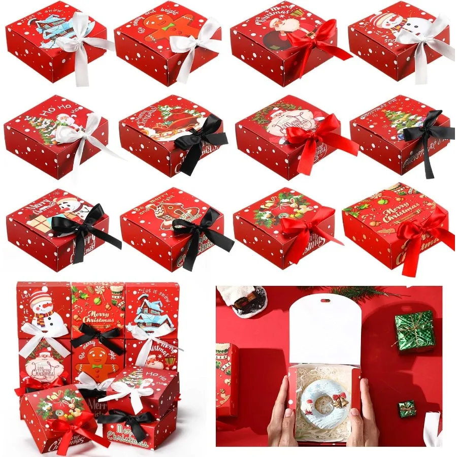 

60 Pcs Christmas Gift Boxes with Lids Bulk 4.5 x 4.5 x 1.95 Inch Small Christmas Boxes with Bows for Gift Card Chocolate Crafti