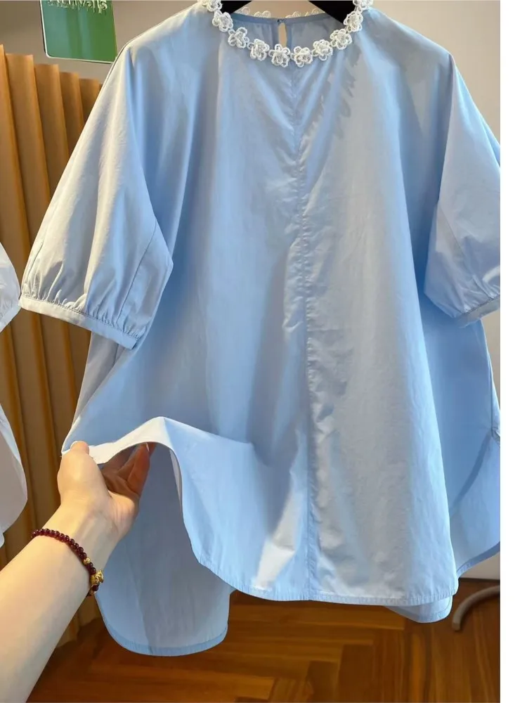 Summer Puff Sleeve French Beadwork Collar Blue  T Shirt Women Loose Style Beautiful Flared Sleeve Ladies Tops Blouses