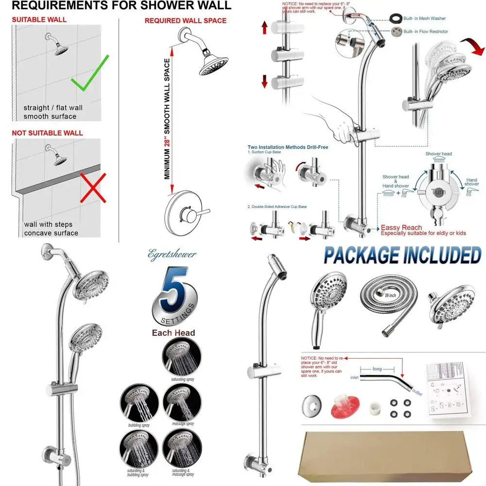 

Регулируемая душевая штанга из нержавеющей стали 27,5 дюймов с 5-режимным ручным душем и шлангом 5 футов - полированный хром