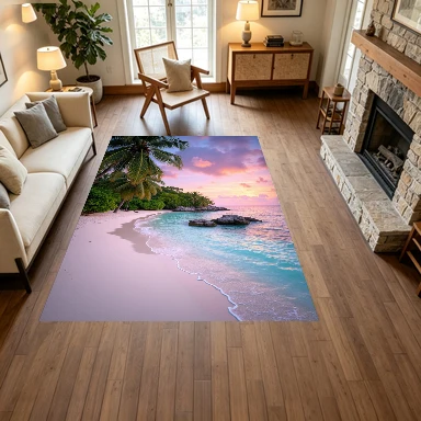 Tropical Beach Palm Tree Sunset Ocean Scenery Carpet Flooring, Seaside Vacation Non-Slip Floor Rug for Living Room Bedroom Home Decoration