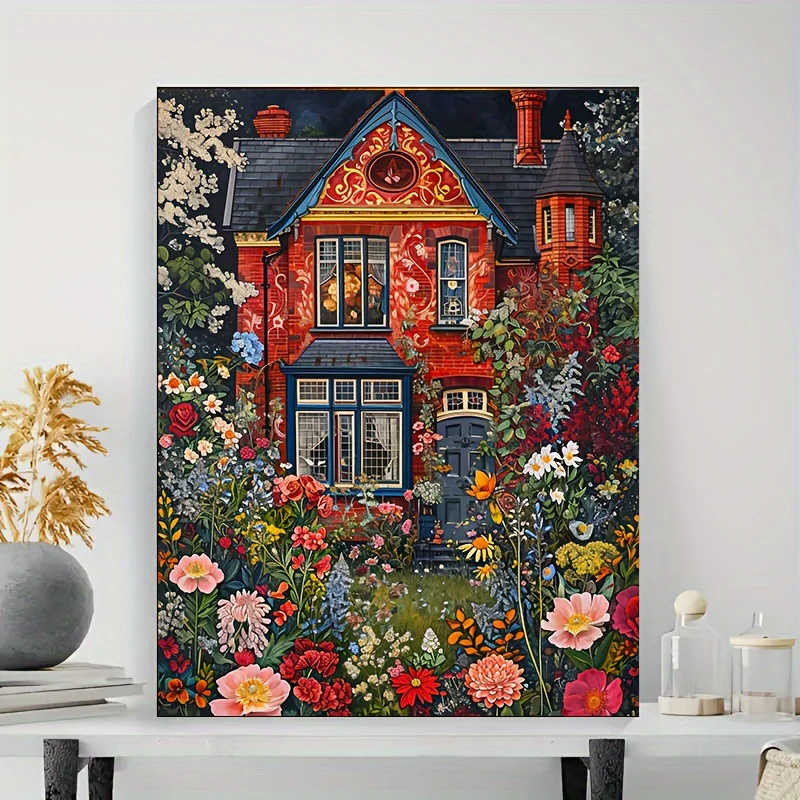 Professional Art Use Victorian House And Floral Garden Paint by Numbers Kit for Adults, Canvas Painting for Beginners, Home Deco