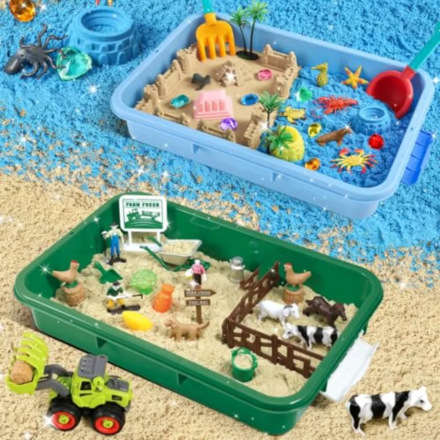 

Sensory bin play sand art kit for kids aged 3-7: ocean and farm theme natural-colored play sand includes 12 sea animals farm fi