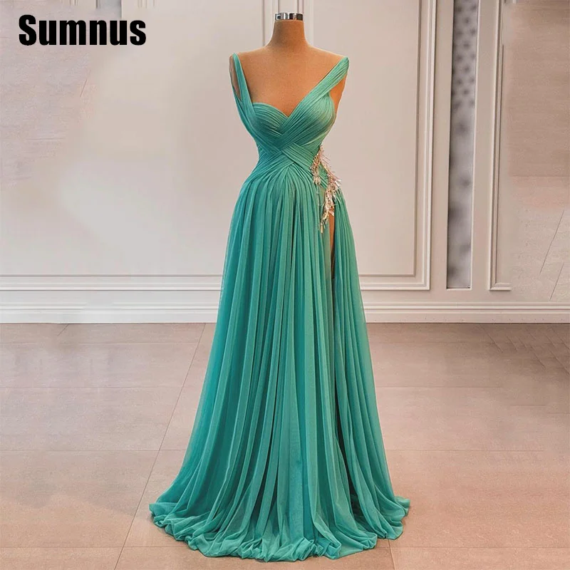 

SUMNUS Elegant Green Party Dresses Sleeveless A-Line Pleat Ruched Side Split Floor-Length Beading Formal Gowns Customized