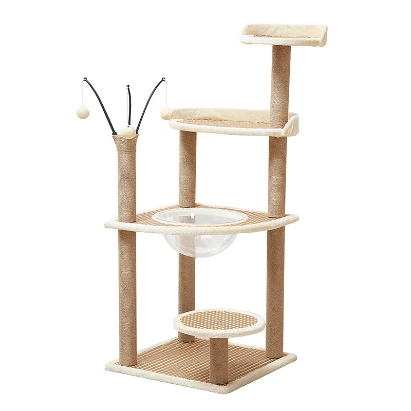 Cat Cooling Mat, 4-Layer Cat Tree with Scratching Post, Platforms, Play Balls, Space Capsule, Summer Pet Bed for Cats