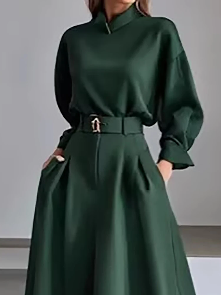 Elegantes Maxikleid mit Stehkragen aus Satin für Bürodamen, Damenkleid mit langen Laternenärmeln, Gürtel, hoher Taille, A-Linie, Businesskleid für Frauen.