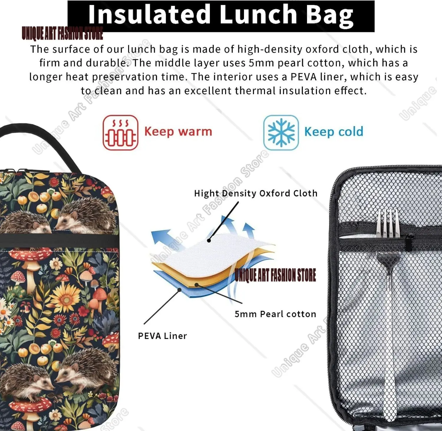 Fiambrera aislada, bolsa de almuerzo reutilizable para la escuela, oficina, trabajo, Picnic, viajes, bosque, erizo, seta, fiambrera