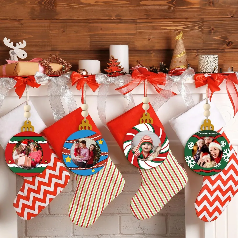 5-20Pcs Wooden Photo Frame Ornament,Blank DIY Painting Wood Slice Pendant,Xmas Tree Hanging Decor,Custom Christmas Picture Frame