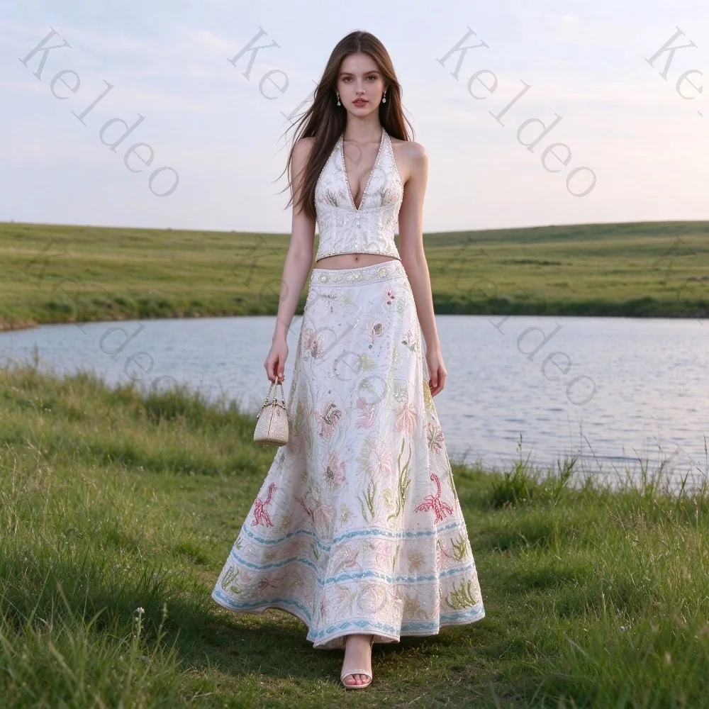 Customized Luxury Hanging Neck V-neck A-line Evening Gowns Two-piece Set Sleeveless Backless Sequin Beaded Formal Banquet Dress
