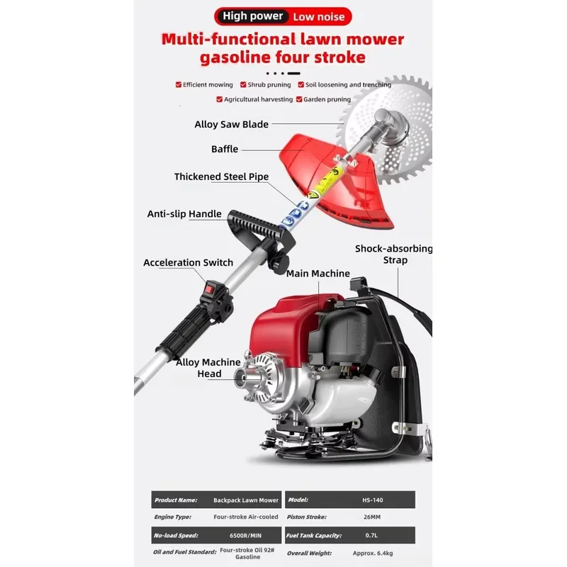 String Trimmer Backpack Petrol 4-Stroke Brush Cutter Lawn Mower with 12in Cutting Width and Various Accessories for Farm Use