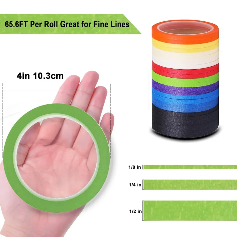 8Rolls Thin Painters Tape Total 176yards 1/8, 1/4, 1/2 inch Width Painter Tape Paint Tape masking Tape Pinstriping Tape