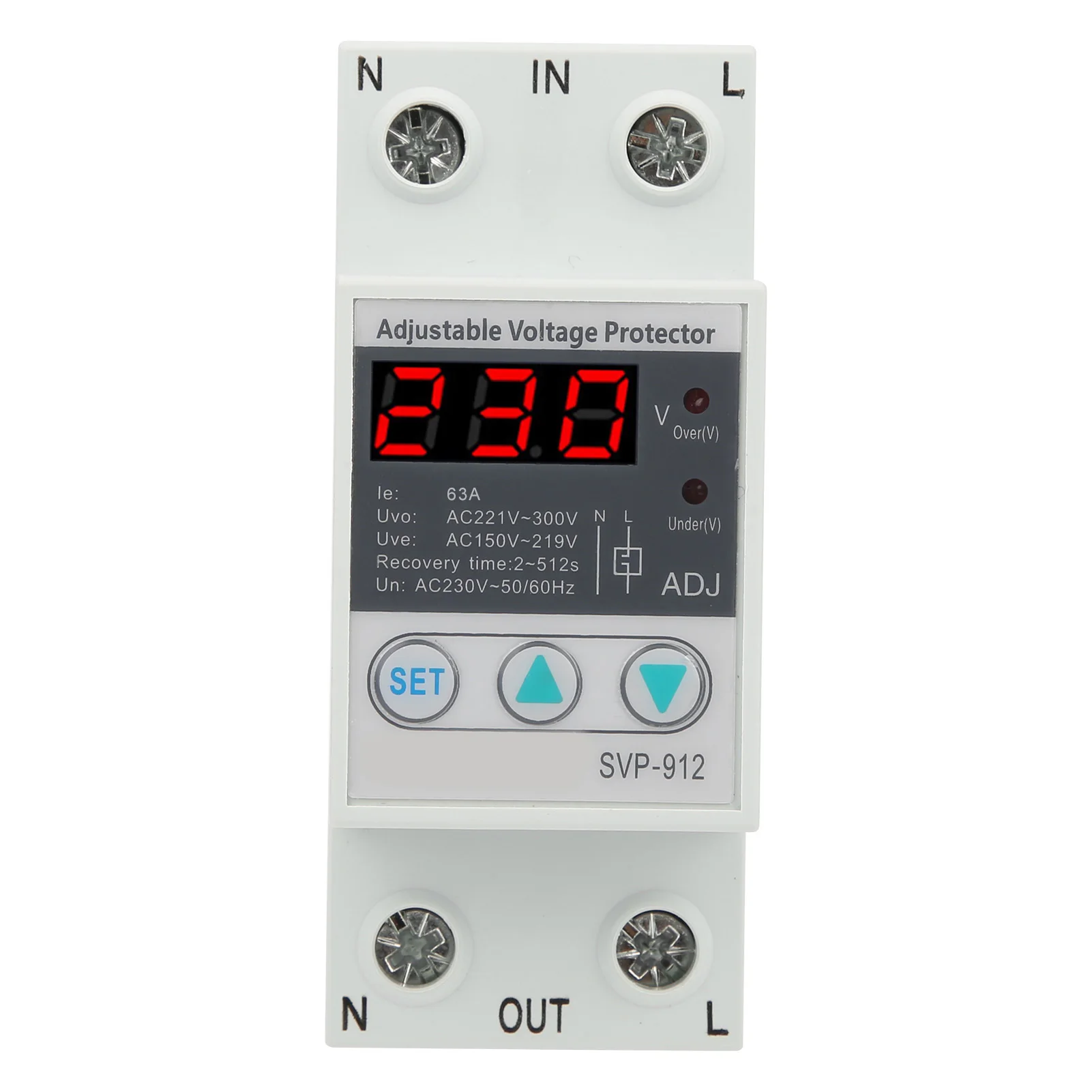 63A 230VAC 50Hz Under Over Voltage Protector Adjustable Voltage Recovery Protective Relay Voltmeter SVP-912