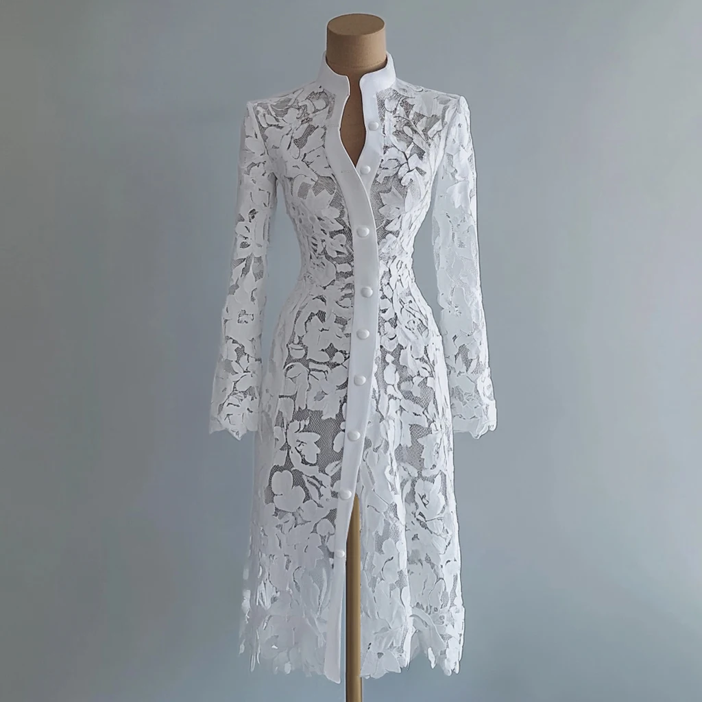

Lace Hollow Out Spliced Women Dress Elegant Vintage Stand Collar Long Sleeve Formal Single-breasted Coat Long Dress Vestidos