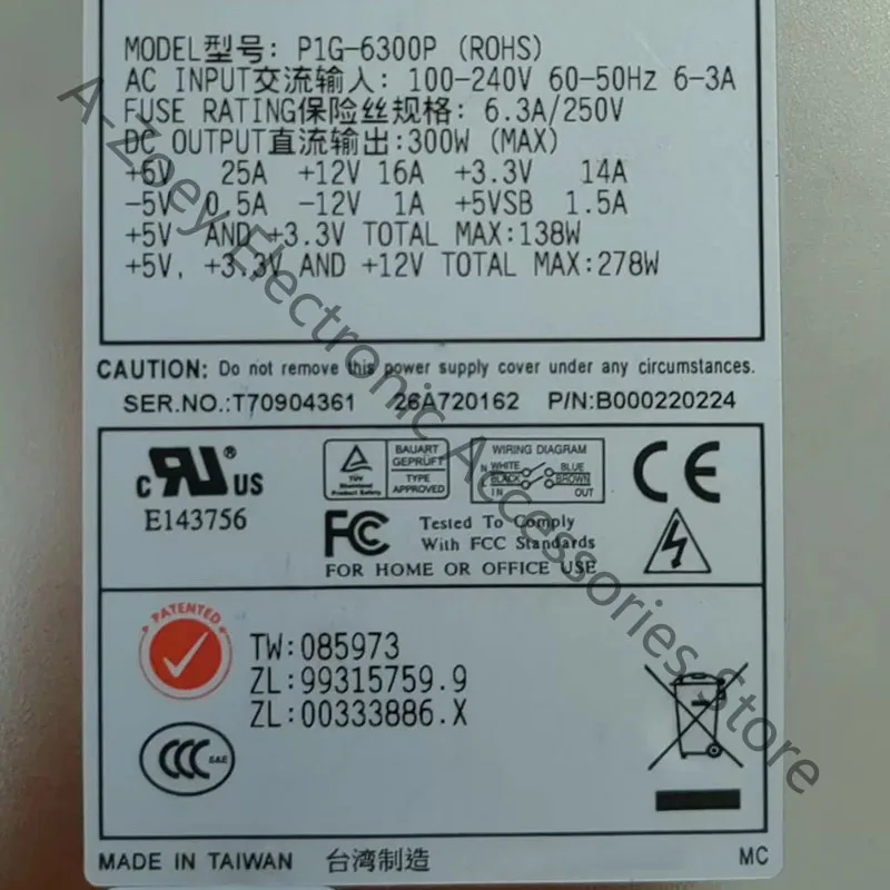 Used Original P1G-6300P 1U 300W Server Industrial Power Supply Fully Tested