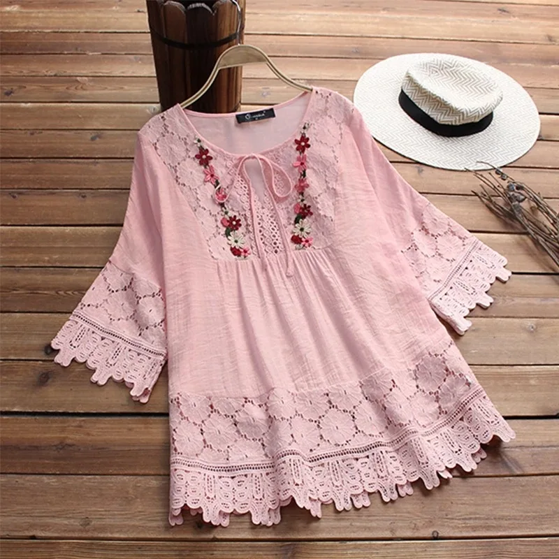 

New Summer Fashion Splicing Lace Charm Elegant Lace-up Shirt V-neck Loose Women's Solid Color Top 30659a