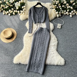 Autumn Winter New Two Piece Skirt Set Knit Sweater Top+High Waist Fried Dough Twists Sweater Skirt Suit