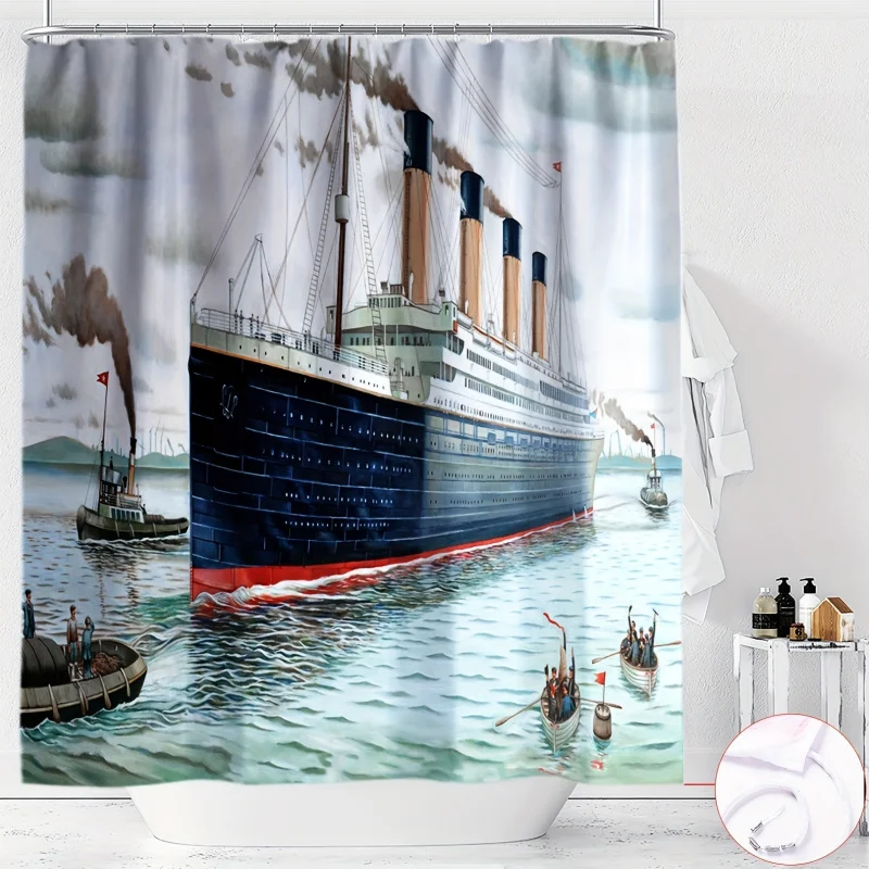 Nautical Themed Shower Curtain with Digital Print Ocean Liner Design, YWJHUI Water-Resistant Polyester Bathroom Decor with Hooks