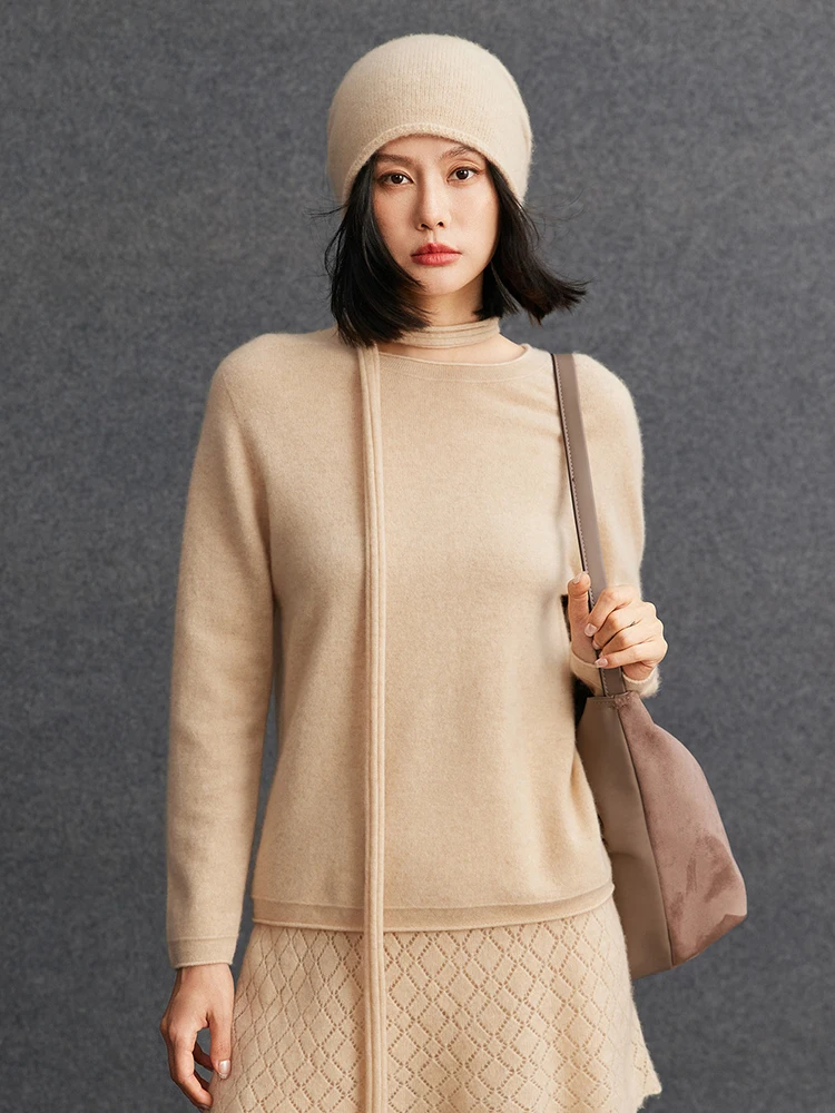 

TLOML Women's 100% Cashmere Sweater O-Neck Long Sleeve Pullover Autumn Winter Basic Soft Warm Casual Cashmere Knitwear Chic Tops