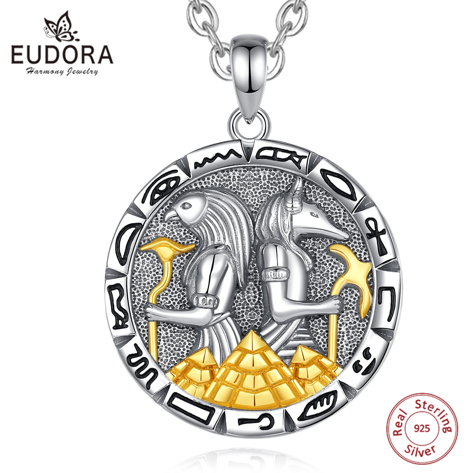 Eudora 925 Sterling Silver Egyptian Anubis Amulet Necklace for Man Vintage runes pyramids Pendant Egyptian Jewelry Gift