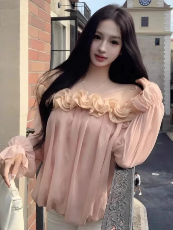 

Fashionable Long Sleeve Shoulder Bared Women's Shirt Gentle Style Vintage Cuffed Loose Slimming Autumn New Arrival Citywalk