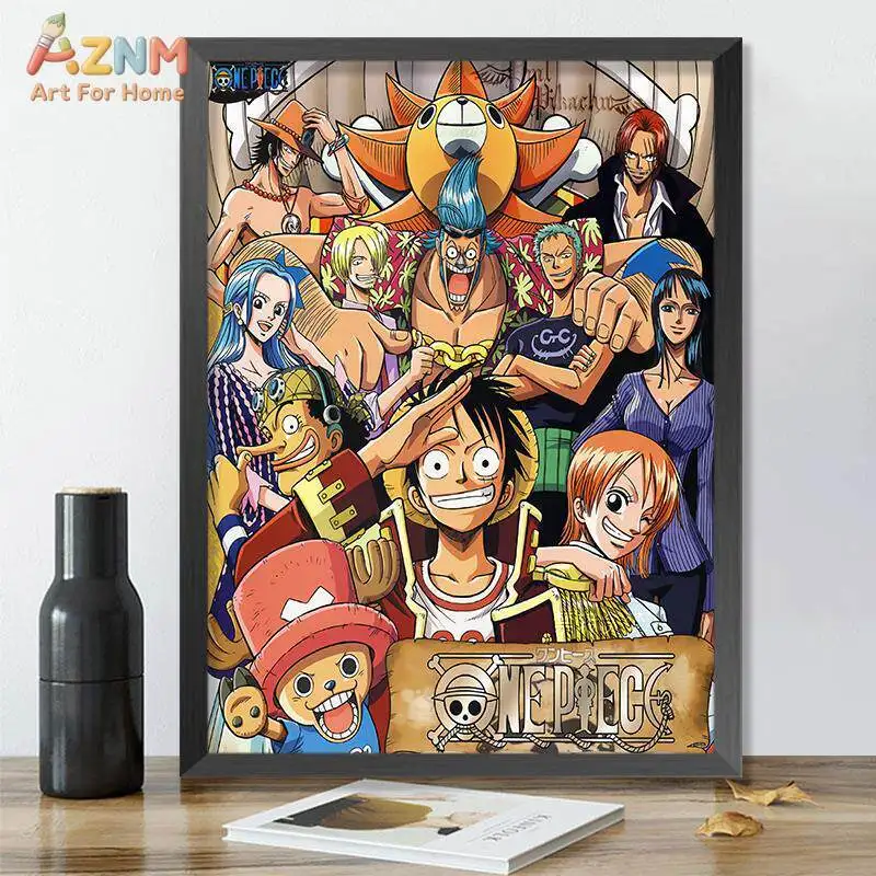 AZNM One Piece Straw Hat Pirates Crew All Characters Anime Manga Frameless Canvas Wall Art, Home Living Room Decor Painting