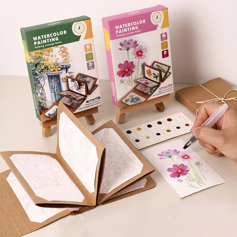 9 Sheets/set Folding Watercolor Painting Book Set Thick Paper with Pen Art Drawing Kit Holiday Birthday Party Gift
