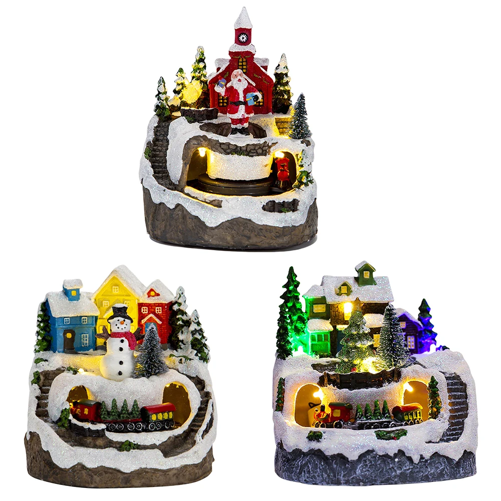 Christmas House Village Rotating Train Scene LED Lighting LED Light Up Christmas Decoration Creative Xmas Gifts