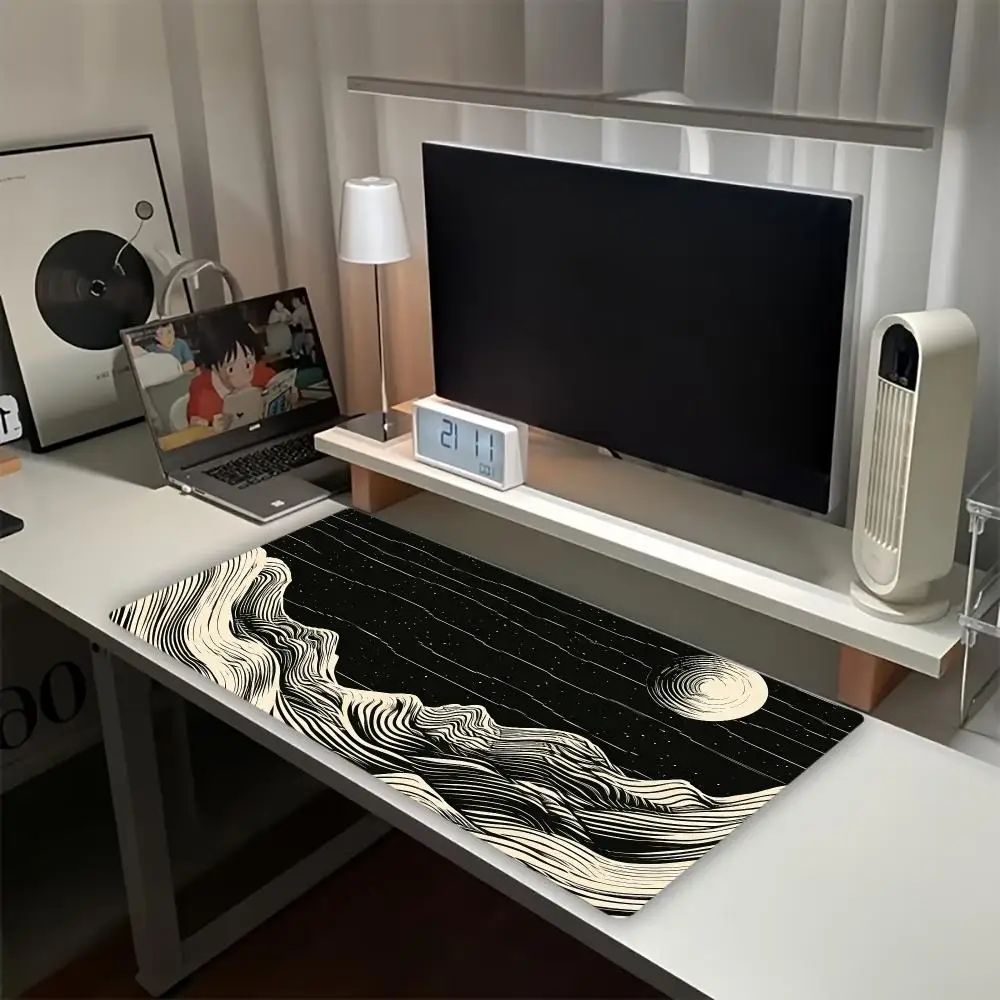 Vintage Wave Mountain Moon Large Extended Gaming Mouse Pad Non Slip Desk Surface Retro Line Art For Gaming And Office Setup