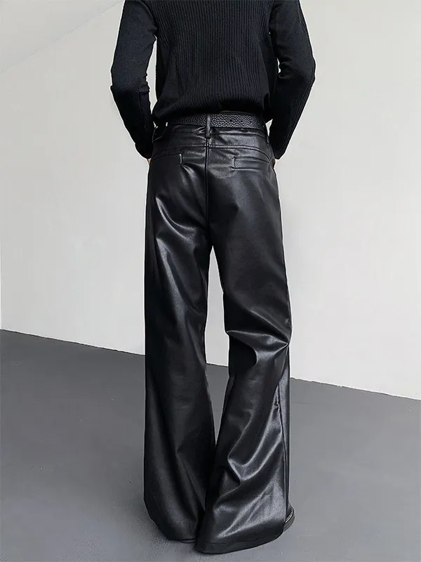 Men's 2025 Autumn New Stylish Loose Flared Pants Fashion High Street Zipper Design Trousers Male Chic Straight PU Leather Pants