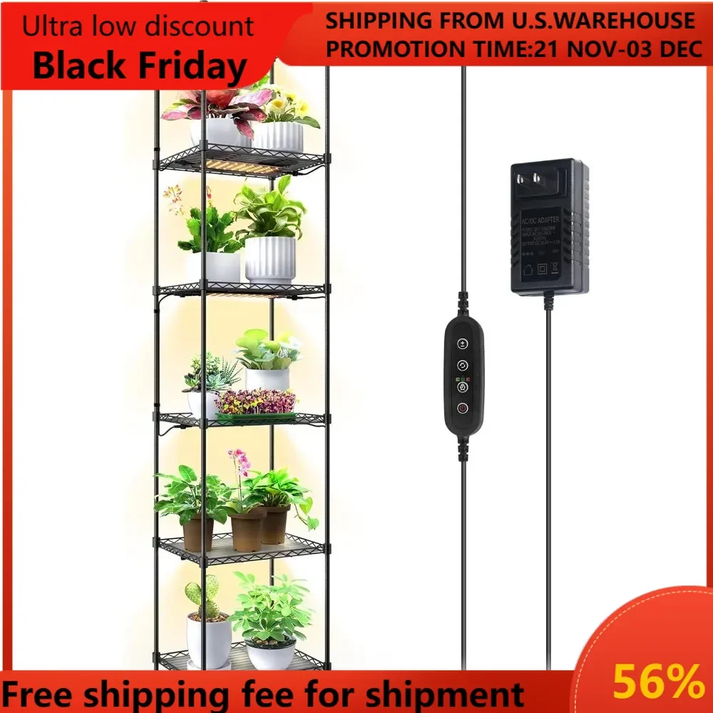 Plant Stand with Grow Lights, 6-Tier Plant Shelf with 5-Pack 50W Full Spectrum Ultra-Thin Grow Light Panel, 3 Modes, Aut