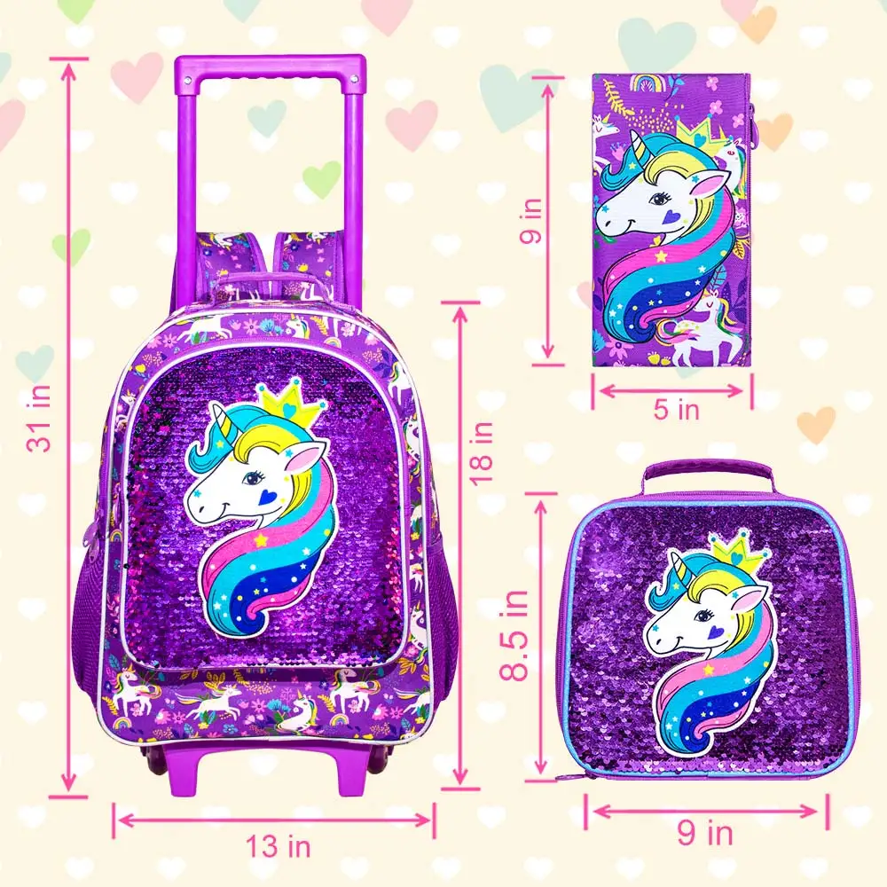 3-Piece Rolling Backpack for Girls and Children Roller Bag with Lunch Bag and Pen Bag Design of Unicorn Pattern Luminous Functio