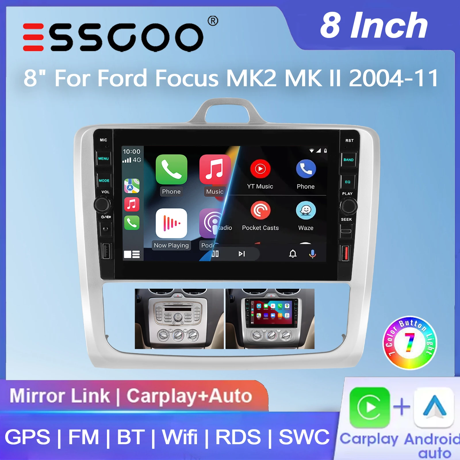 ESSGOO 8' 64G Android 15 für Ford Focus MK2 MK II 2004-2011 Autoradio mit kabellosem Carplay, Android Auto, GPS-Navigation, USB- und Typ-C-Anschluss, FM, Bluetooth, WiFi, RDS, SWC, Multimedia-Player,