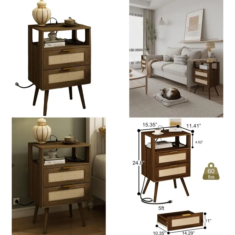 

Walnut-Toned Rattan 2-Drawer Nightstand