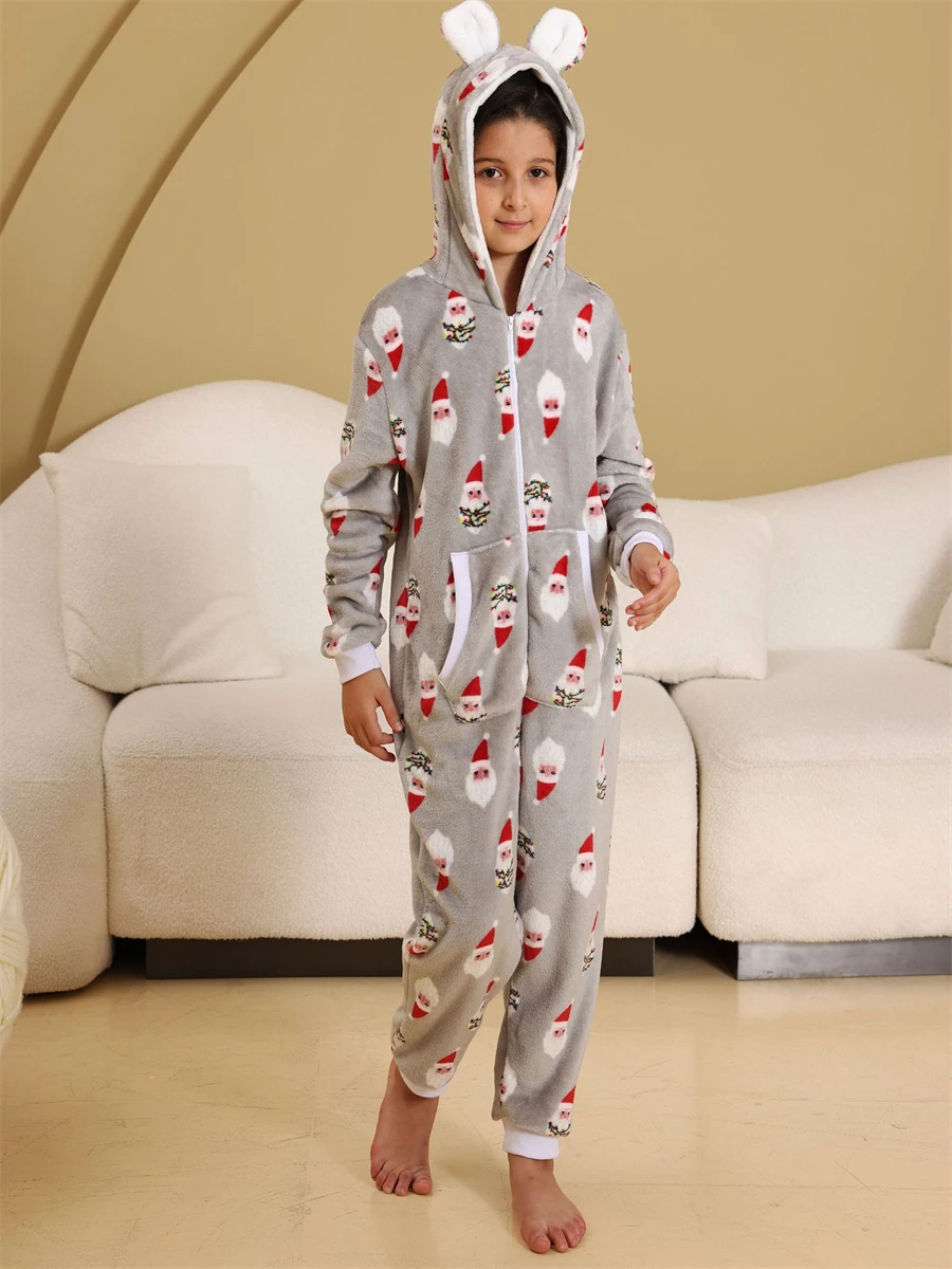 Christmas Pijamas for Girls Kids Sleepwear Winter Flannel Soft Warm Pajamas Hooded Pyjamas Grey Print Onesies