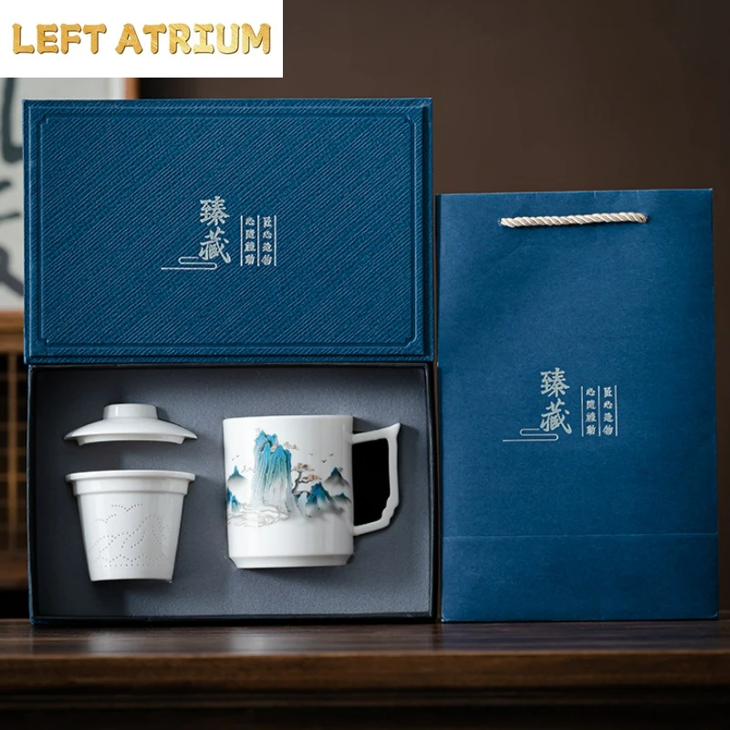 セラミック家庭用フィルター茶分離マグカップ蓋付き中国風茶注入器オフィス大容量水マグティーカップギフトボックス